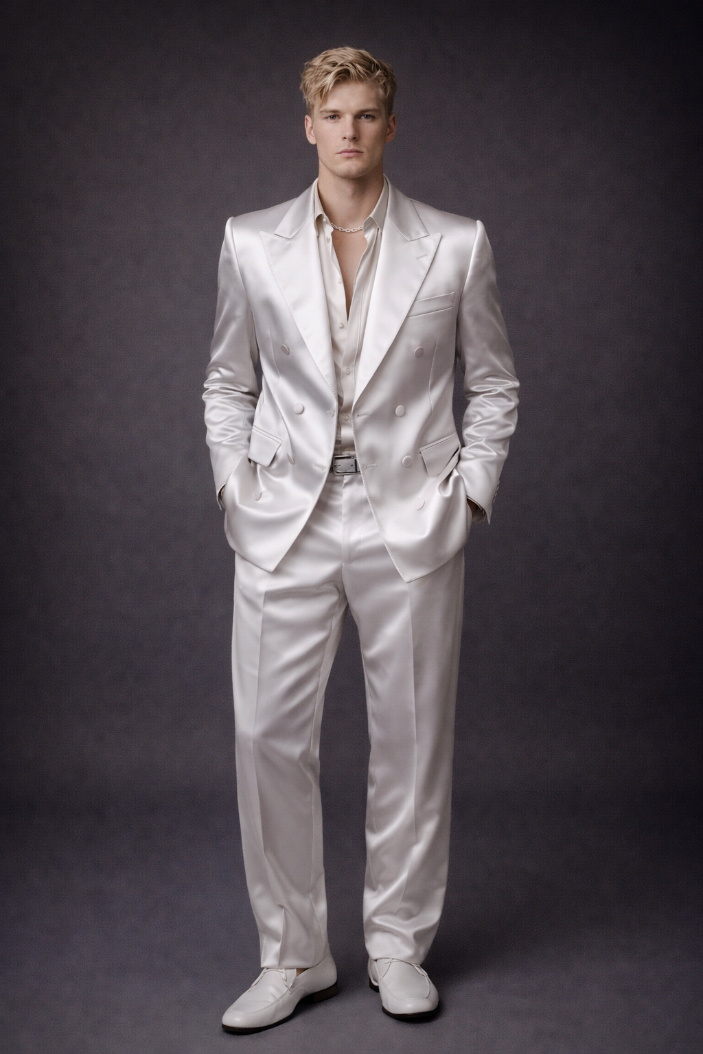WHITE DOUBLE-BREASTED SATIN GROOM SUIT