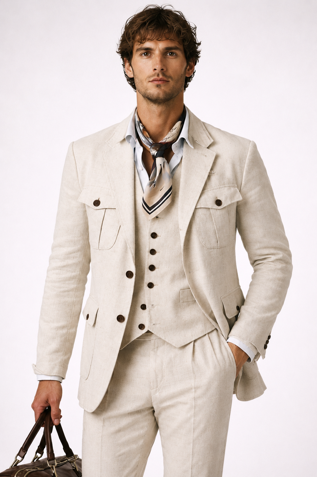 IVORY SLIM FIT LINEN SAFARI SUIT