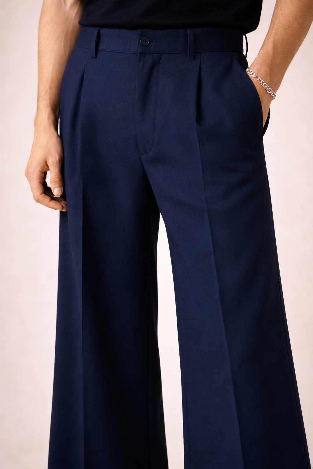 DARK BLUE HIGH-WAISTED PLEATED PANTS