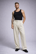 BEIGE HIGH-WAISTED PLEATED WIDE-LEG TROUSERS
