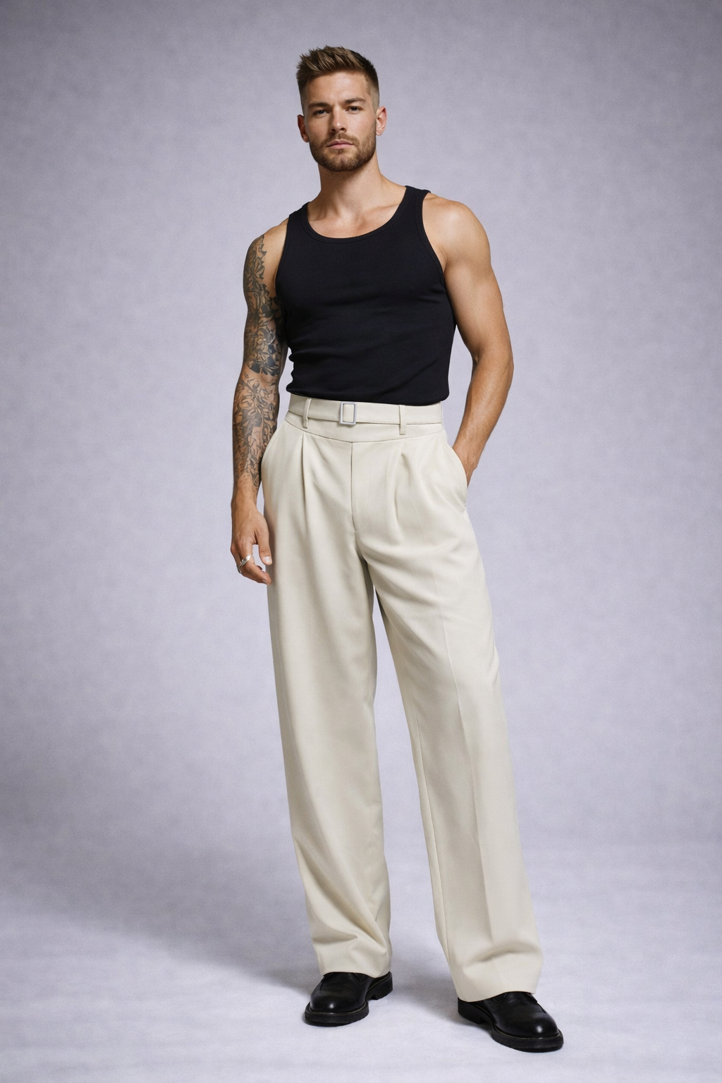 BEIGE HIGH-WAISTED PLEATED WIDE-LEG TROUSERS