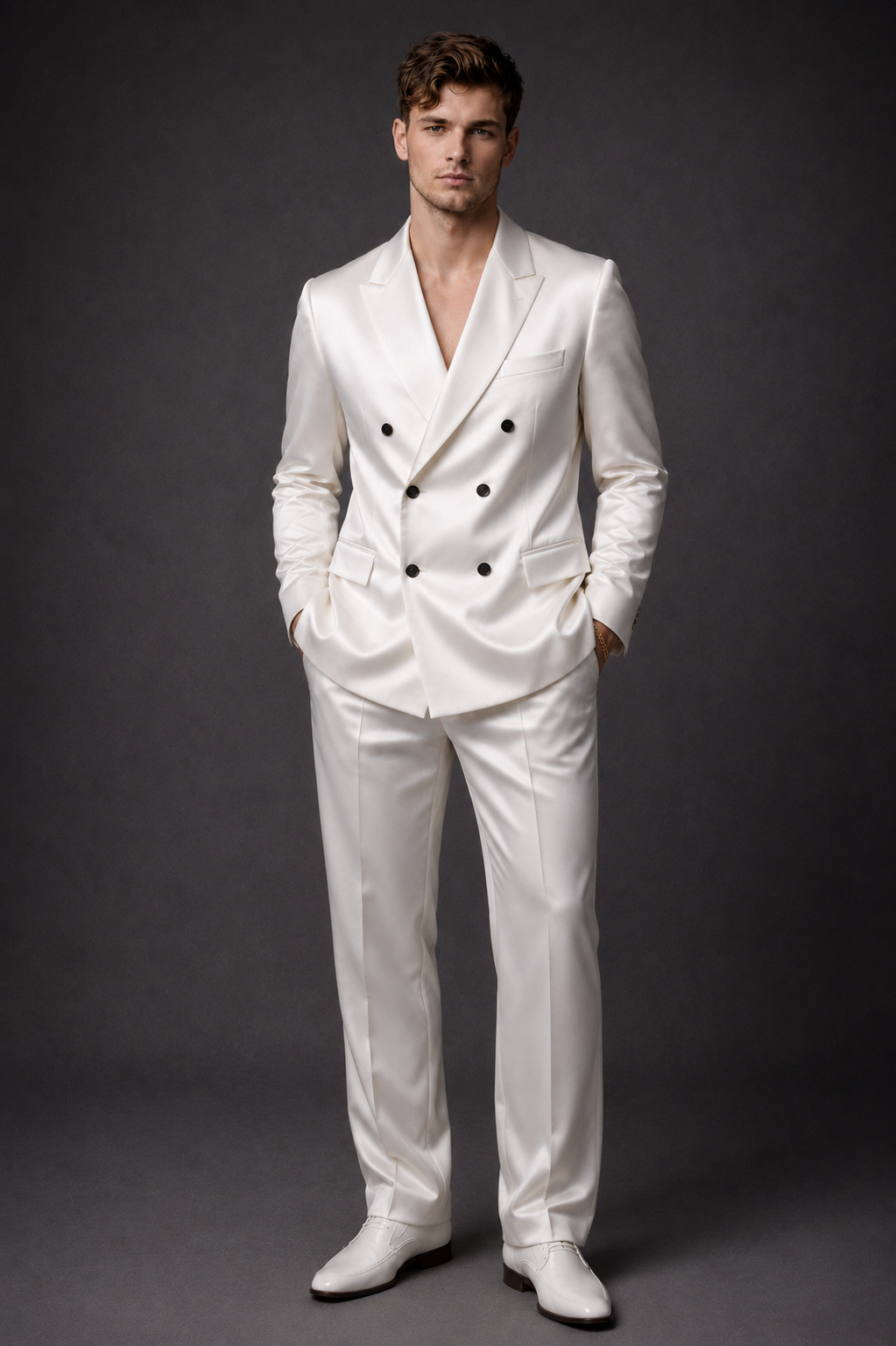 IVORY DOUBLE-BREASTED SATIN EVENING SUIT