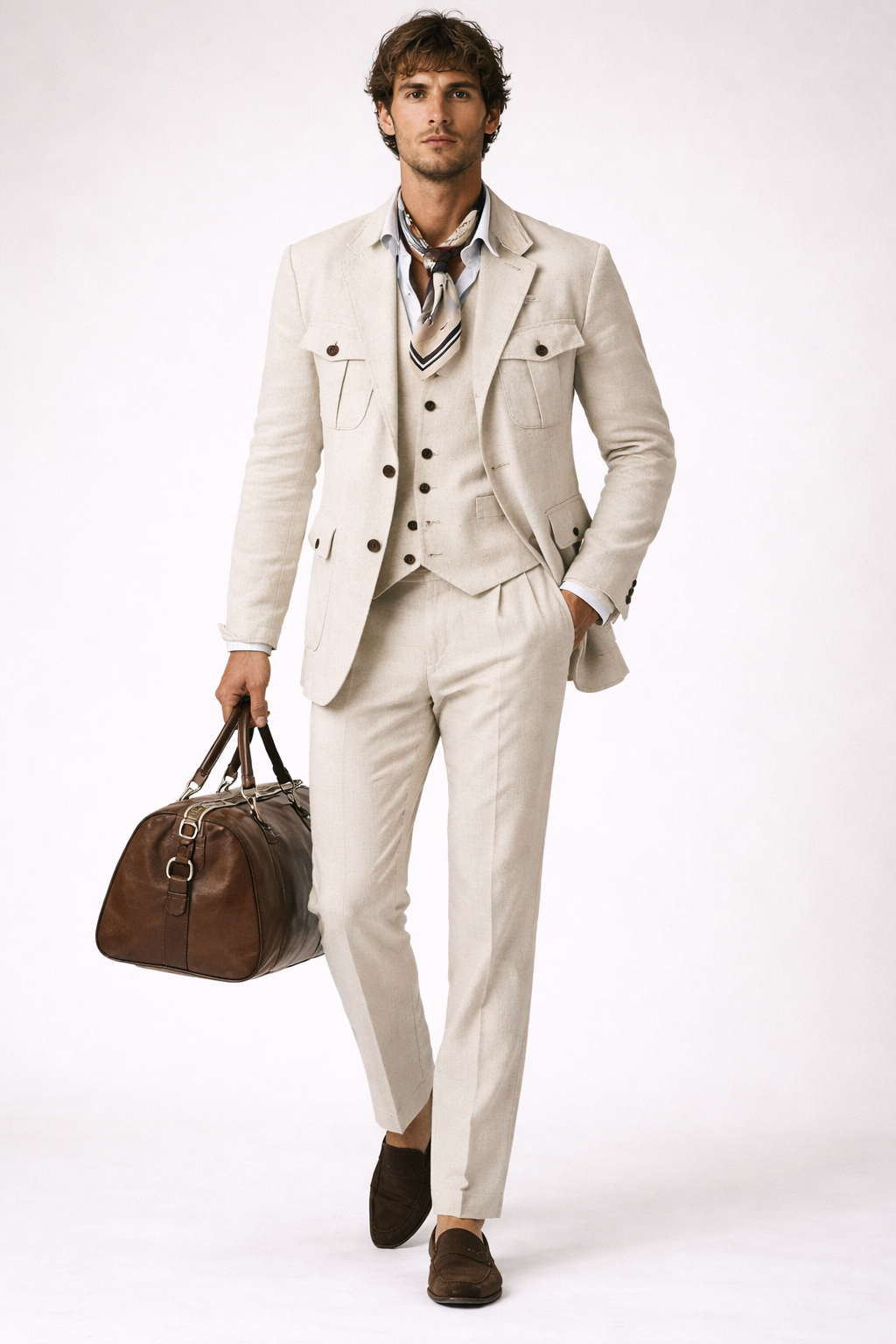 IVORY SLIM FIT LINEN SAFARI SUIT