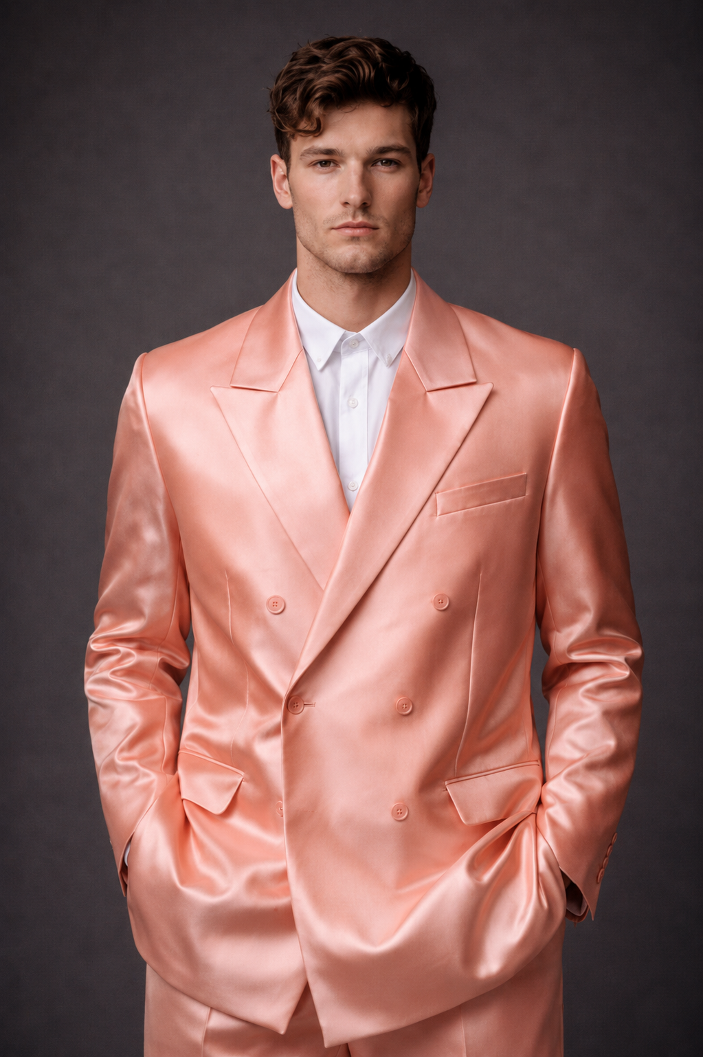 PEACH DOUBLE-BREASTED SATIN WEDDING SUIT