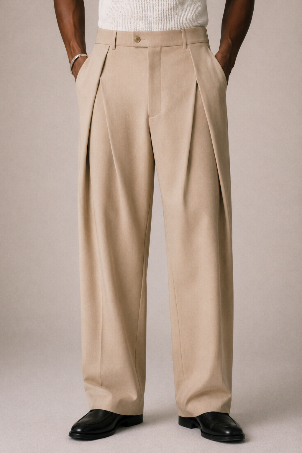 BEIGE HIGH-WAISTED PLEATED WIDE-LEG TROUSERS