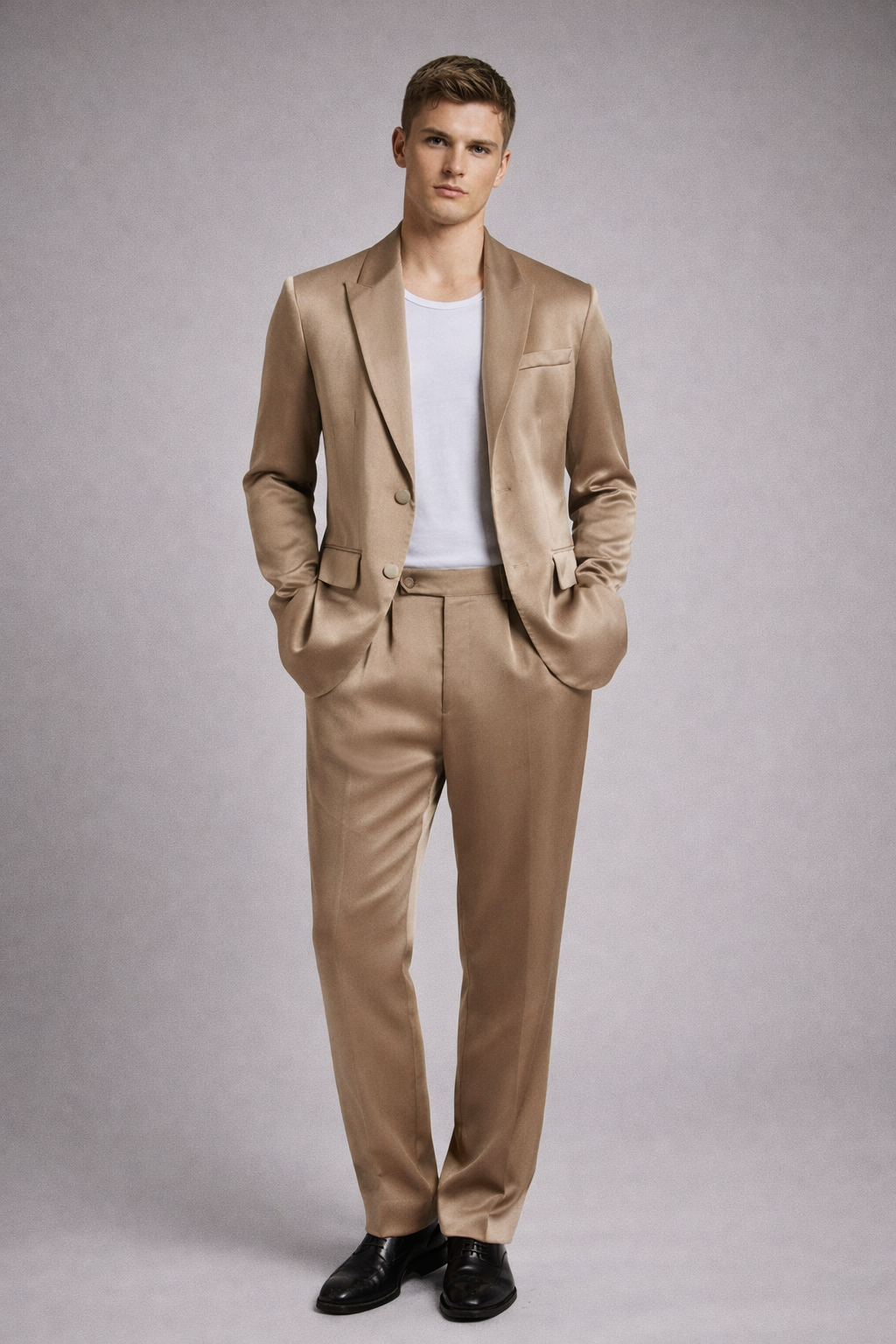 BEIGE SATIN FORMAL WEDDING SUIT