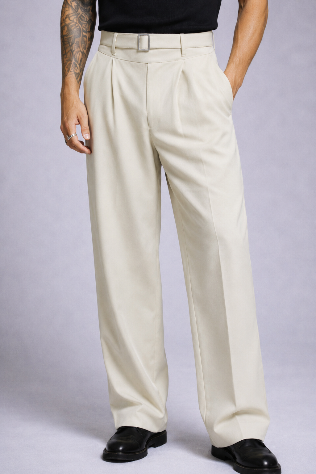 BEIGE HIGH-WAISTED PLEATED WIDE-LEG TROUSERS