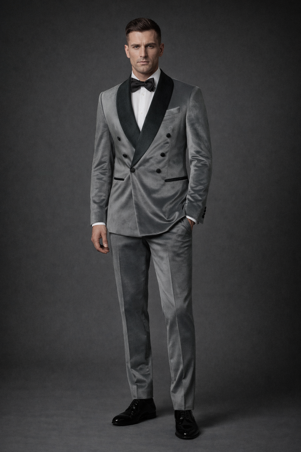 SILVER DOUBLE-BREASTED VELVET TUXEDO SUIT