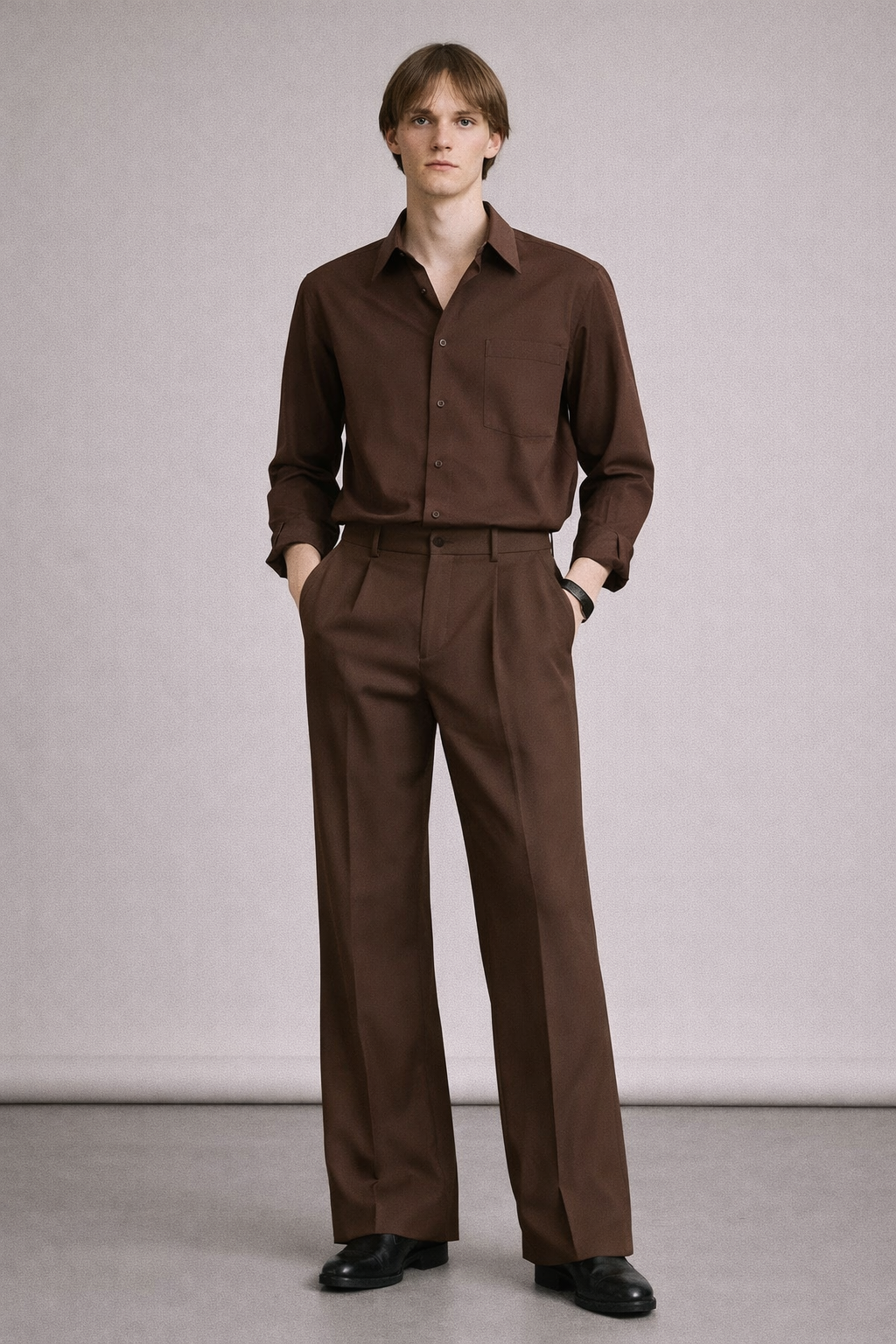 DARK BROWN HIGH-WAISTED WIDE-LEG TROUSERS