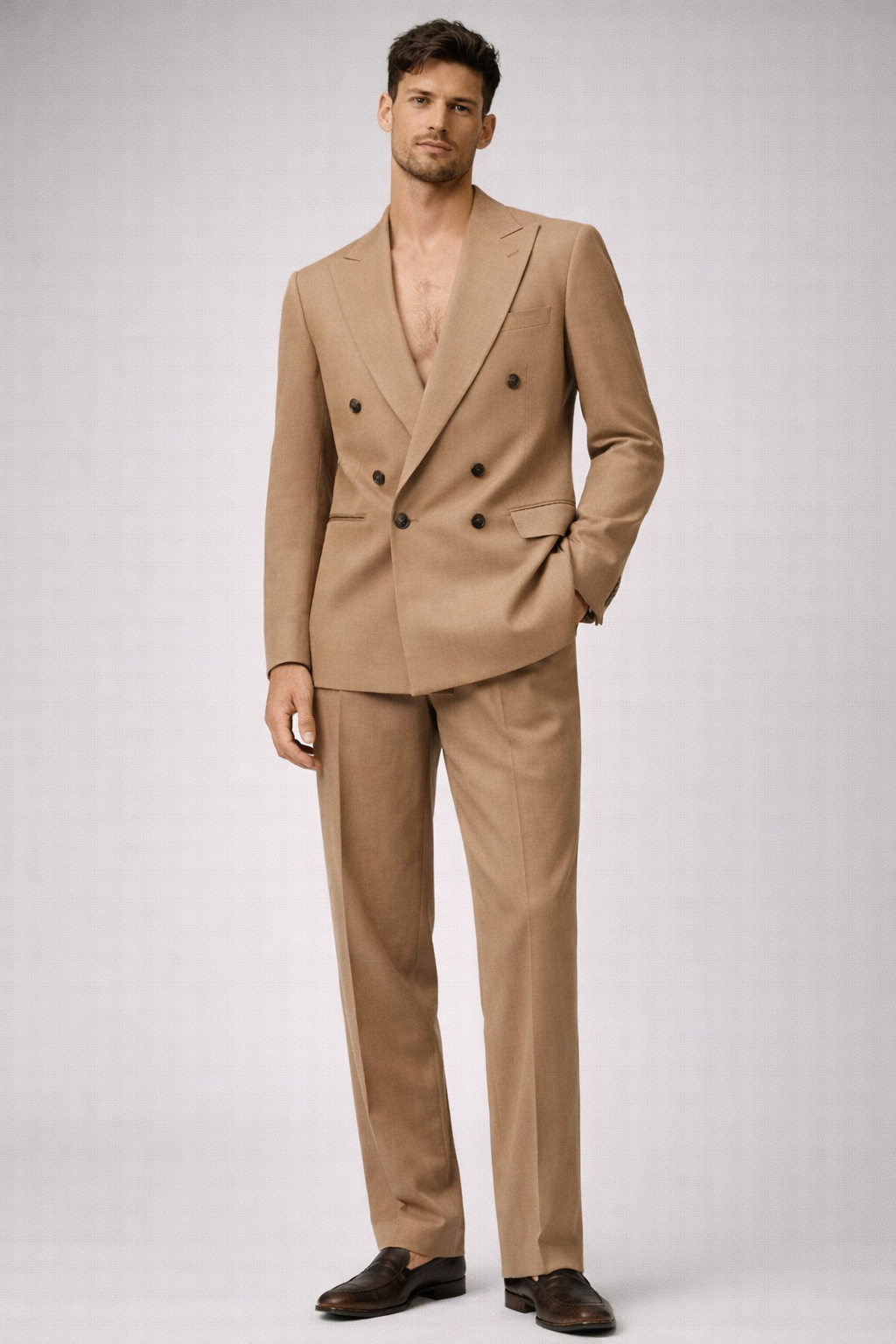 BROWN DOUBLE-BREASTED LINEN WEDDING SUIT