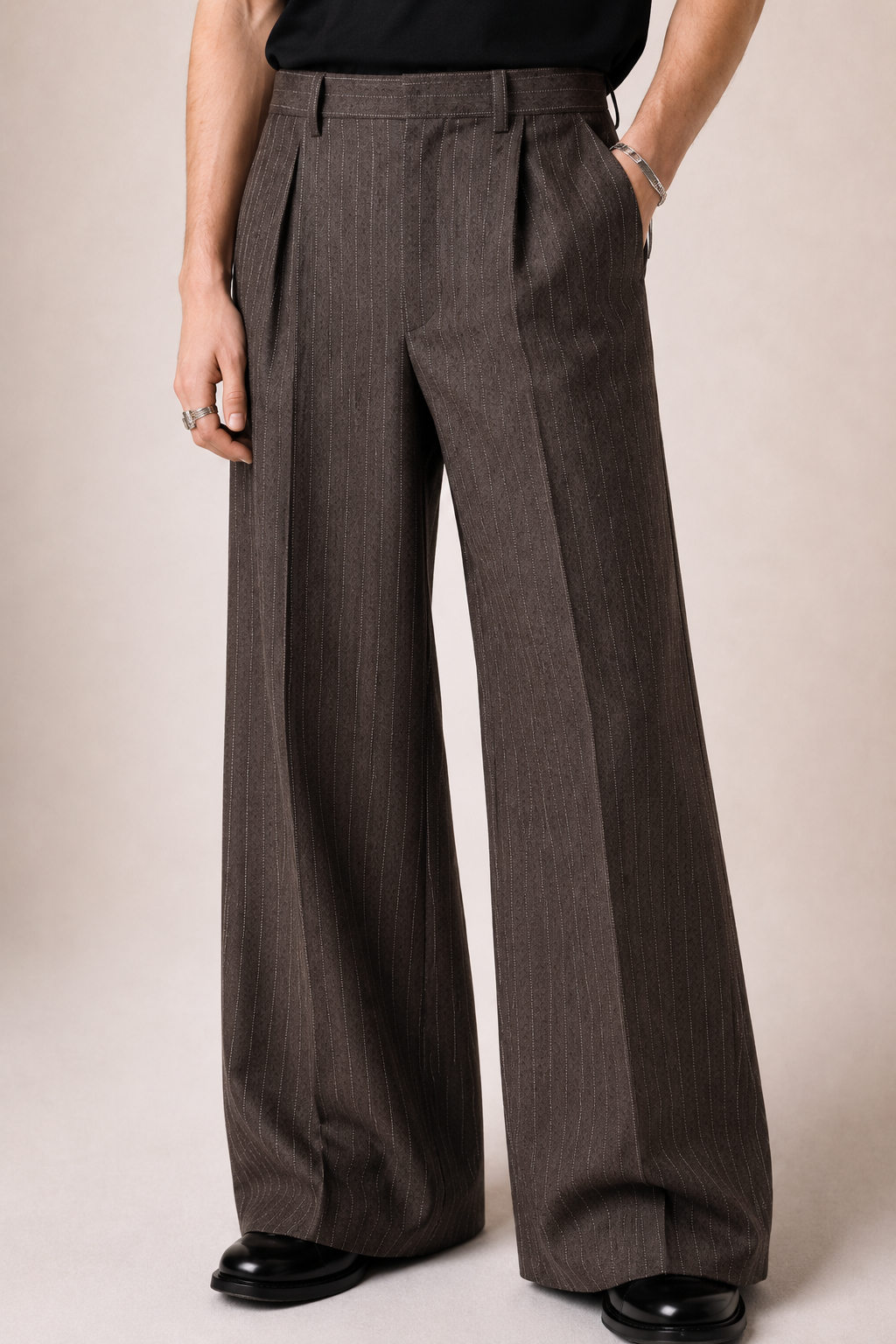 DARK BROWN PINSTRIPE PLEATED TROUSERS