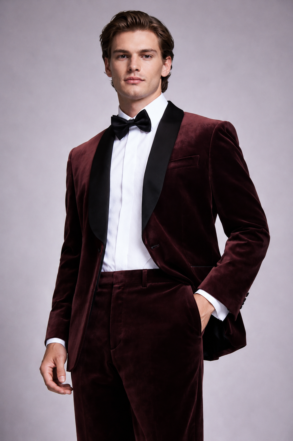 BURGUNDY SLIM FIT VELVET TUXEDO SUIT