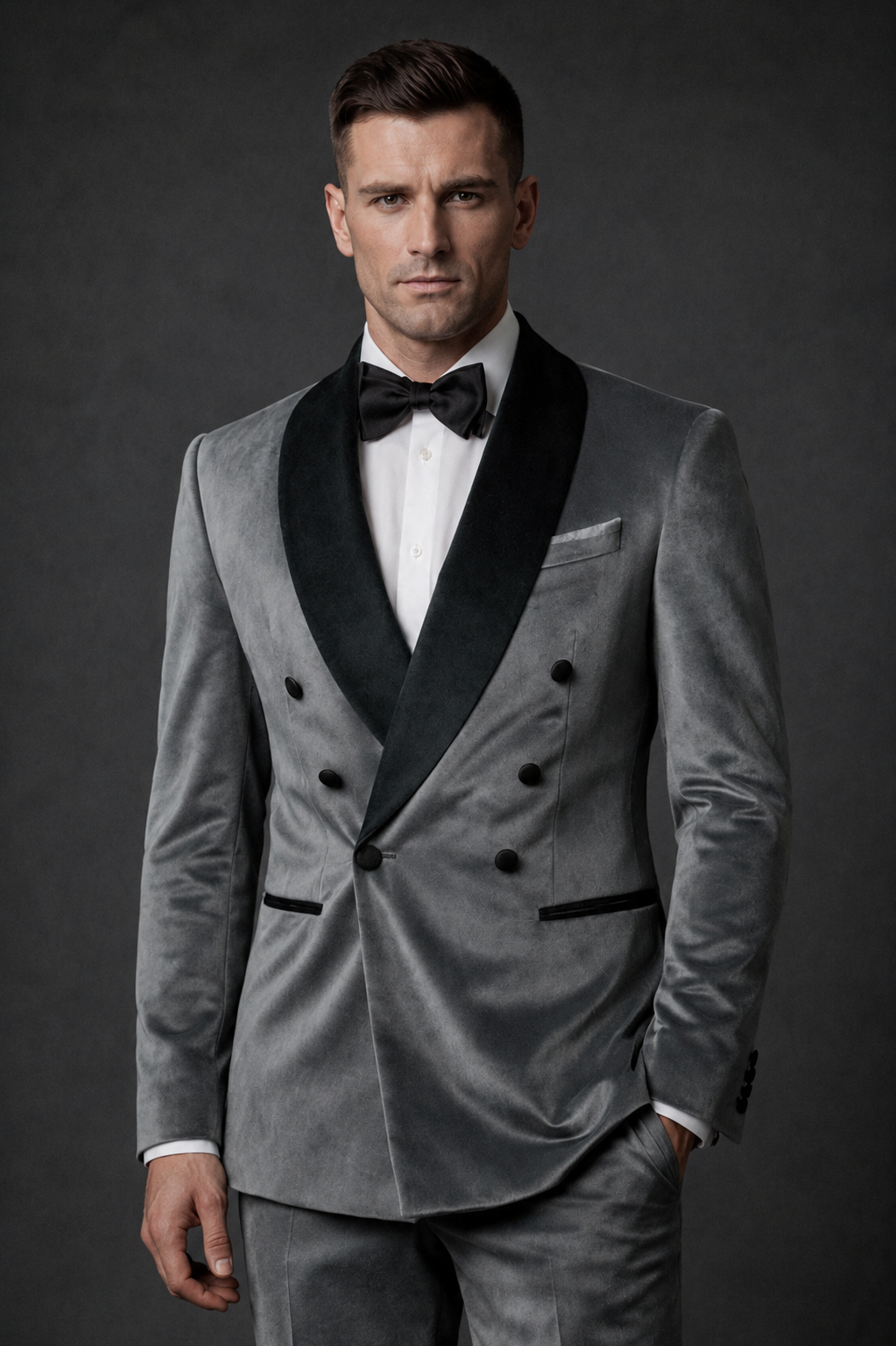 SILVER DOUBLE-BREASTED VELVET TUXEDO SUIT